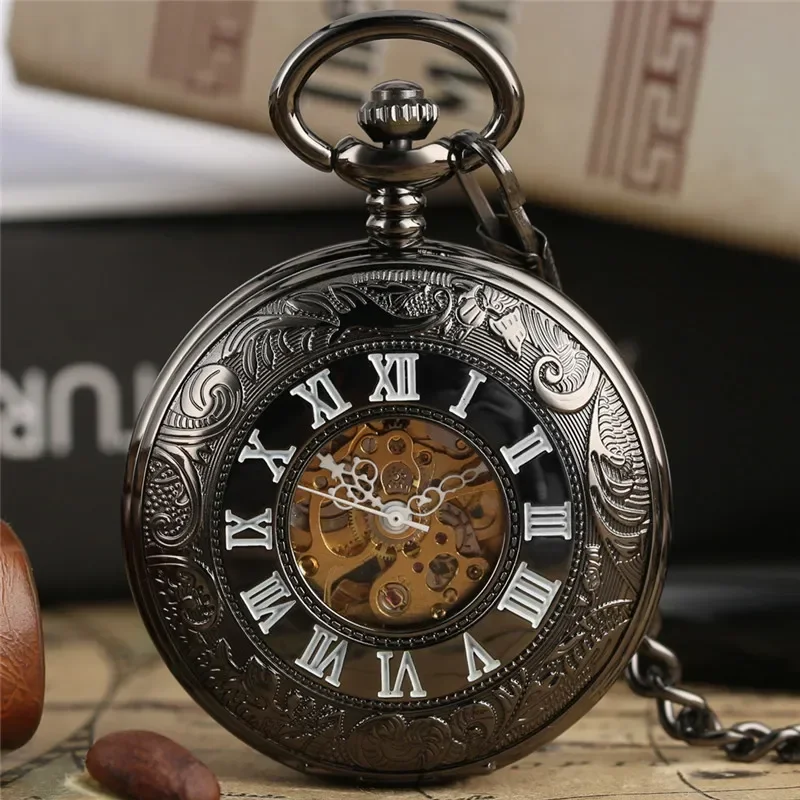 Pocket Watch Mechanical Skeleton Vintage - 앤티크 스타일의 로마 숫자가 새겨진 조각