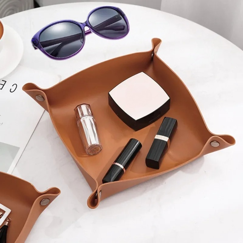 Valet Tray Nightstand Organizer Leather - 1/2개입, 25x25cm 크기의 접이식 정리 트레이,