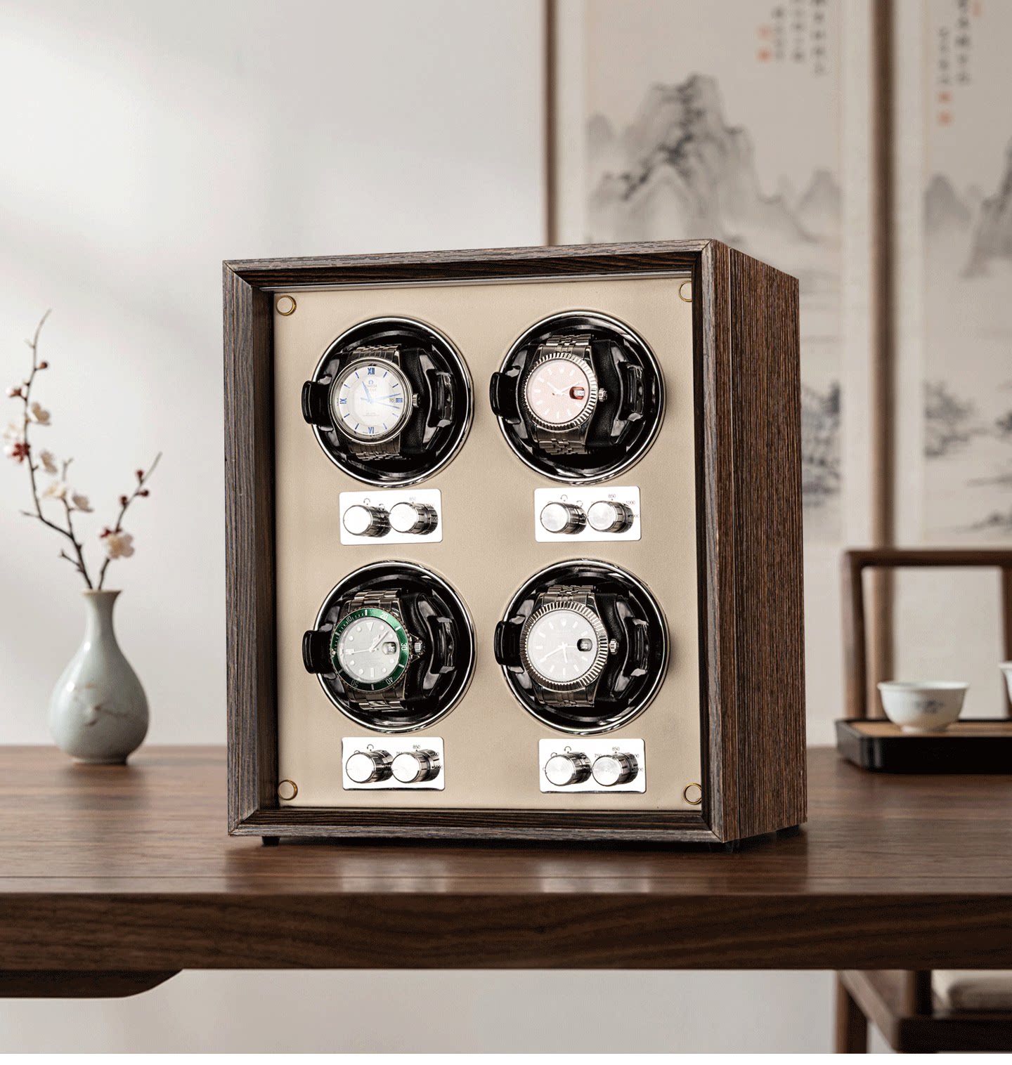 Watch Winder 4 Watches Automatic Silent - Virtorix 4 슬롯 시계 와인더 호두나무