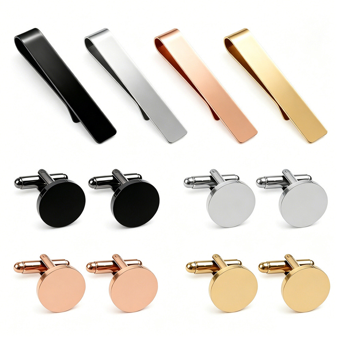 Tie Clip Bar Set Stainless Steel - 3세트의 클래식한 둥근 모양의 커프스 버튼과