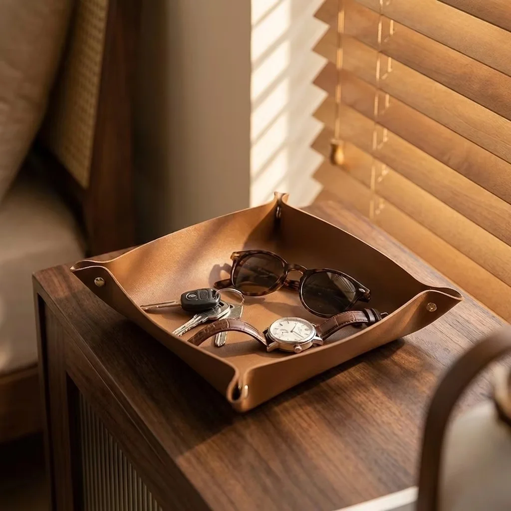 Valet Tray Nightstand Organizer Leather - 1개, 20x20cm 크기의 접이식 정리 트레이,