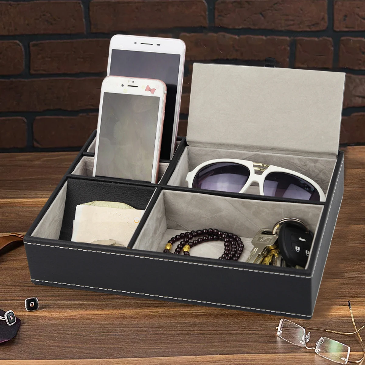 Valet Tray Nightstand Organizer Leather - 인조 가죽 남성용 5칸 수납 트레이,