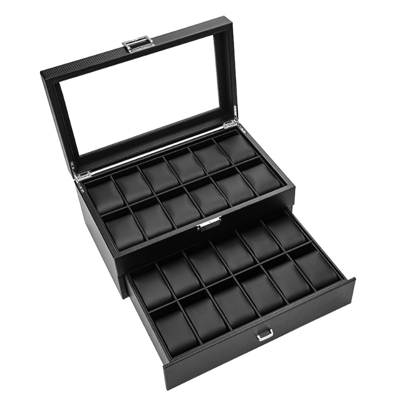 럭셔리 시계 상자 주최자 블랙 PU 가죽 더블 레이어  - Watch Display Storage Box Carbon Fiber 리뷰 및 가격