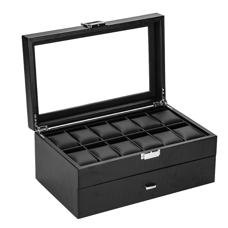 럭셔리 시계 상자 주최자 블랙 PU 가죽 더블 레이어  - Watch Display Storage Box Carbon Fiber 리뷰 및 가격
