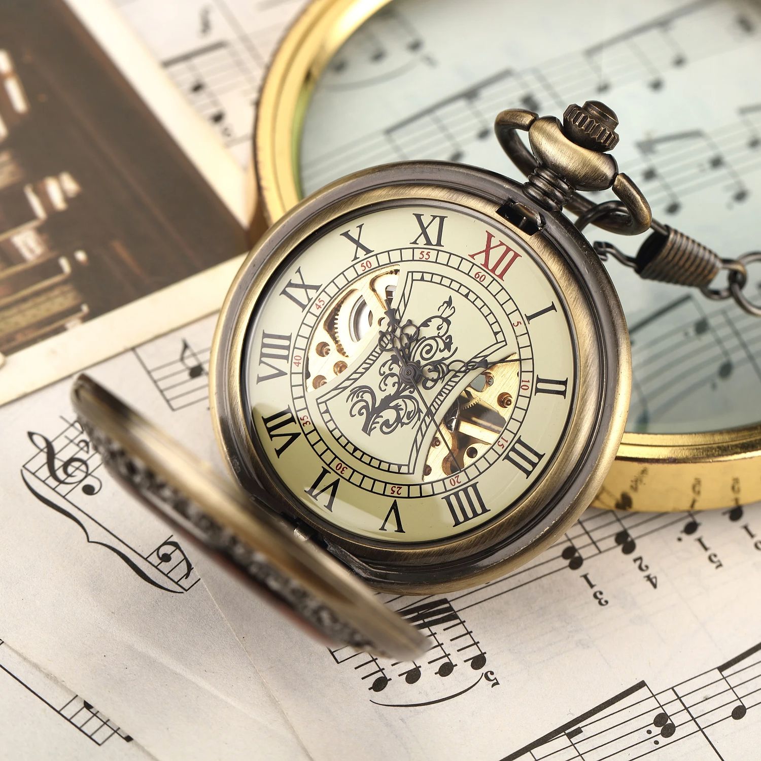 빈티지 럭셔리 나무 반지 해골 회중 시계 플립 로마 숫 - Pocket Watch Mechanical Skeleton Vintage 리뷰 및 가격