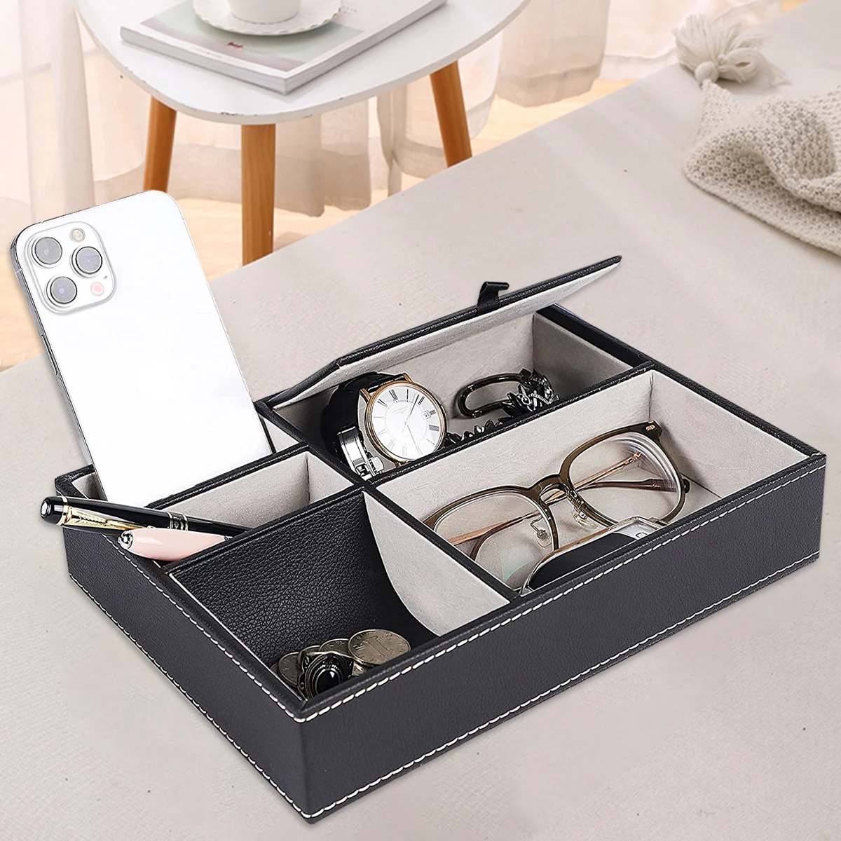 인조 가죽 남성용 5칸 수납 트레이, 튼튼한 침실용 정 - Valet Tray Nightstand Organizer Leather 리뷰 및 가격